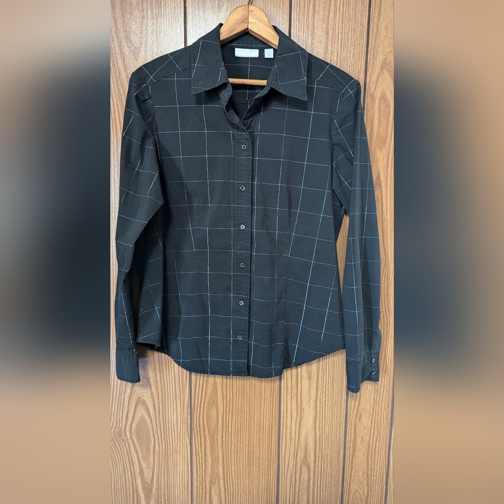 Women’s New York And Company City Stretch Black Button Down Top Sz Large Holiday